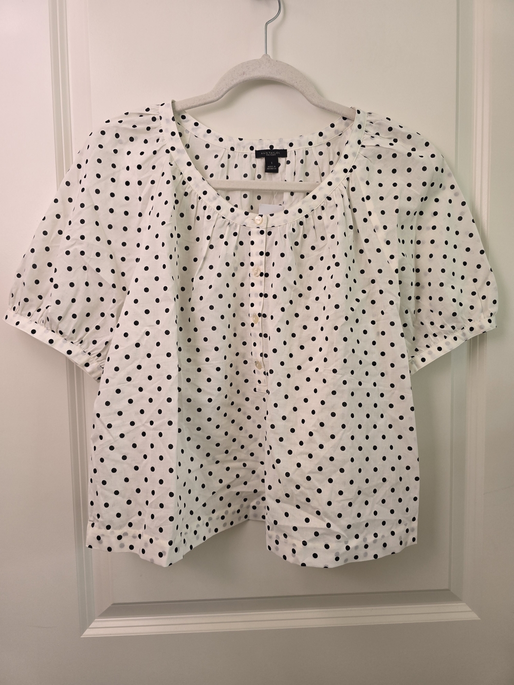 Ann Taylor Factory White Blouse with Black Polka Dots